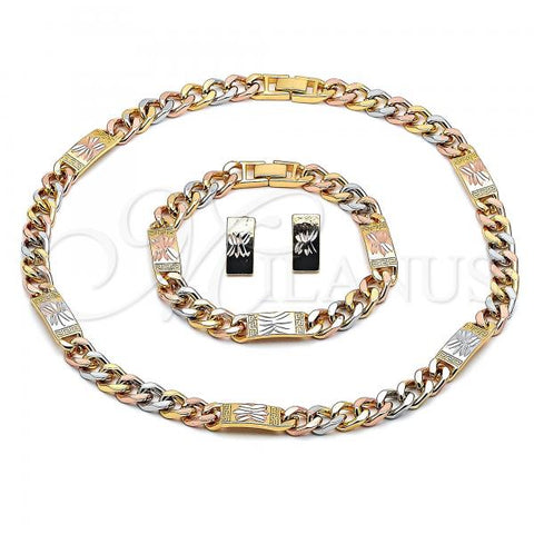 Oro Laminado Necklace, Bracelet and Earring, Gold Filled Style Miami Cuban and Flower Design, Polished, Tricolor, 06.92.0001