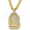Oro Laminado Religious Pendant, Gold Filled Style Guadalupe Design, with White Cubic Zirconia, Polished, Golden Finish, 05.94.0002
