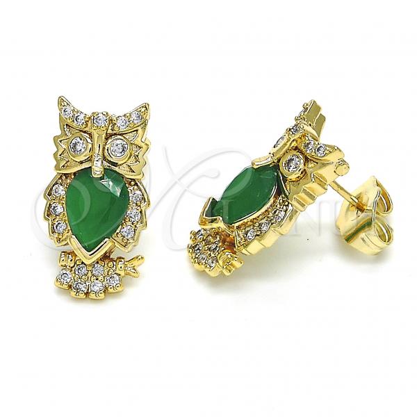 Oro Laminado Stud Earring, Gold Filled Style Owl Design, with Green and White Cubic Zirconia, Polished, Golden Finish, 02.210.0161.3