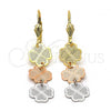 Oro Laminado Long Earring, Gold Filled Style Flower and Heart Design, Diamond Cutting Finish, Tricolor, 02.63.2156