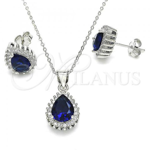 Sterling Silver Earring and Pendant Adult Set, Teardrop Design, with Sapphire Blue and White Cubic Zirconia, Polished, Rhodium Finish, 10.175.0079.1