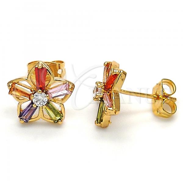 Oro Laminado Stud Earring, Gold Filled Style Flower Design, with Multicolor Cubic Zirconia, Polished, Golden Finish, 02.210.0250.1