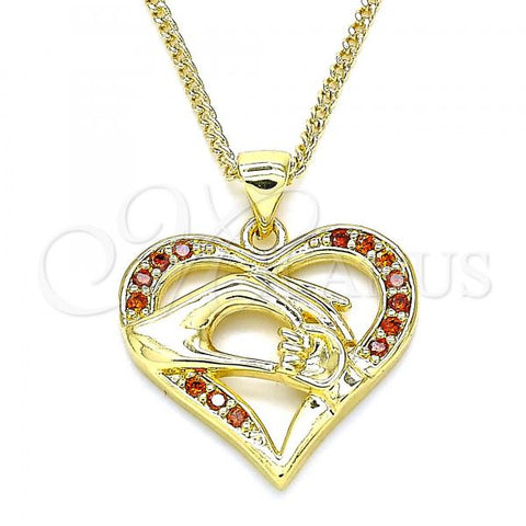 Oro Laminado Pendant Necklace, Gold Filled Style Heart and Hand Design, with Garnet Micro Pave, Polished, Golden Finish, 04.156.0337.2.20