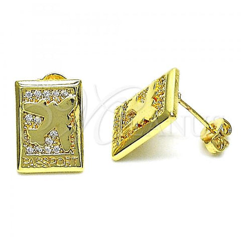 Oro Laminado Stud Earring, Gold Filled Style Airplane Design, with White Micro Pave, Polished, Golden Finish, 02.193.0011