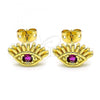 Oro Laminado Stud Earring, Gold Filled Style Evil Eye Design, with Ruby Cubic Zirconia, Polished, Golden Finish, 02.341.0028.3