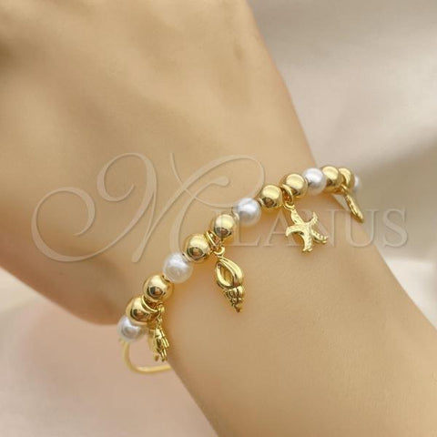 Oro Laminado Individual Bangle, Gold Filled Style Turtle and Shell Design, with Ivory Pearl, Polished, Golden Finish, 07.32.0009.05