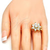 Oro Laminado Multi Stone Ring, Gold Filled Style Flower Design, with White Cubic Zirconia, Polished, Golden Finish, 01.210.0049.09 (Size 9)