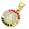 Oro Laminado Religious Pendant, Gold Filled Style San Benito Design, with Multicolor Crystal, Polished, Golden Finish, 05.351.0010