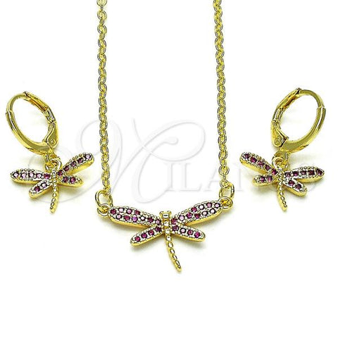 Oro Laminado Earring and Pendant Adult Set, Gold Filled Style Dragon-Fly Design, with Ruby Micro Pave, Polished, Golden Finish, 10.196.0117