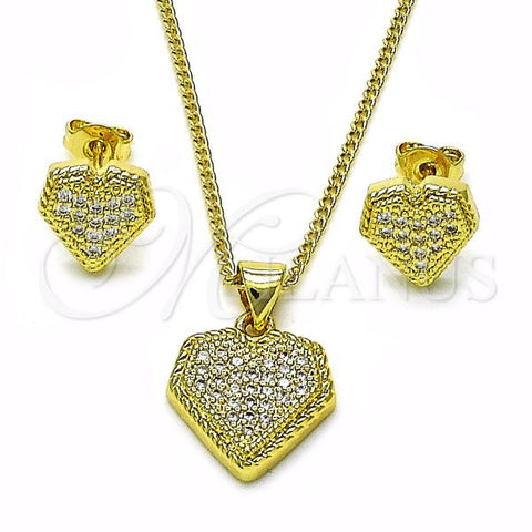 Oro Laminado Earring and Pendant Adult Set, Gold Filled Style Heart Design, with White Micro Pave, Polished, Golden Finish, 10.156.0487