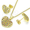 Oro Laminado Earring and Pendant Adult Set, Gold Filled Style Heart Design, with Multicolor Micro Pave, Polished, Golden Finish, 10.156.0274.3