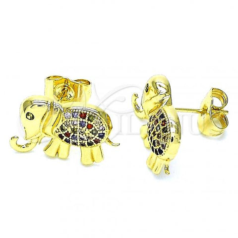 Oro Laminado Stud Earring, Gold Filled Style Elephant Design, with Multicolor Cubic Zirconia, Polished, Golden Finish, 02.284.0046