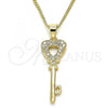 Oro Laminado Pendant Necklace, Gold Filled Style key and Heart Design, with White Micro Pave, Polished, Golden Finish, 04.344.0016.20