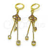 Oro Laminado Long Earring, Gold Filled Style key and Box Design, with Ruby Micro Pave and White Cubic Zirconia, Polished, Golden Finish, 02.316.0088.2
