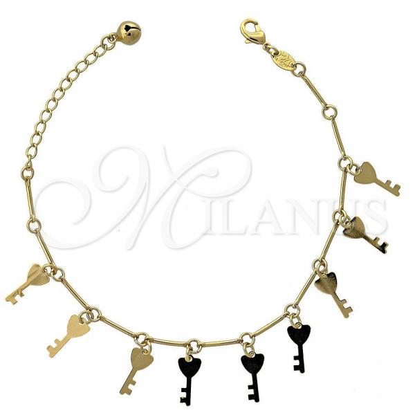 Oro Laminado Charm Bracelet, Gold Filled Style key and Rattle Charm Design, Polished, Golden Finish, 5.016.015.07