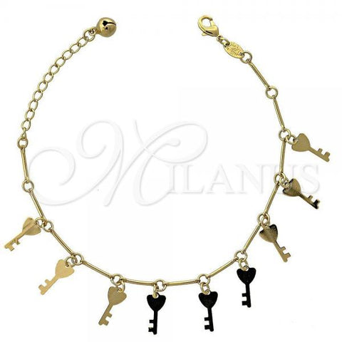 Oro Laminado Charm Bracelet, Gold Filled Style key and Rattle Charm Design, Polished, Golden Finish, 5.016.015.07