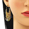 Oro Laminado Long Earring, Gold Filled Style Elephant and Evil Eye Design, Multicolor Resin Finish, Golden Finish, 02.380.0057