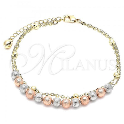 Oro Laminado Fancy Anklet, Gold Filled Style Ball Design, Matte Finish, Tricolor, 03.331.0071.10