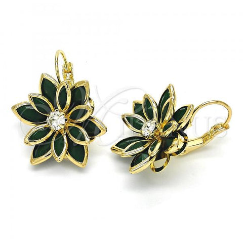 Oro Laminado Leverback Earring, Gold Filled Style Flower Design, with Green and White Crystal, Polished, Golden Finish, 02.64.0638.3