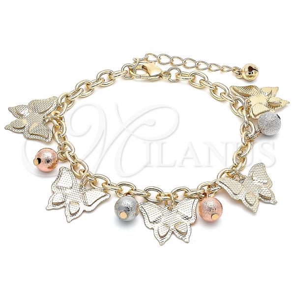 Oro Laminado Charm Bracelet, Gold Filled Style Butterfly and Ball Design, Diamond Cutting Finish, Tricolor, 03.331.0084.08