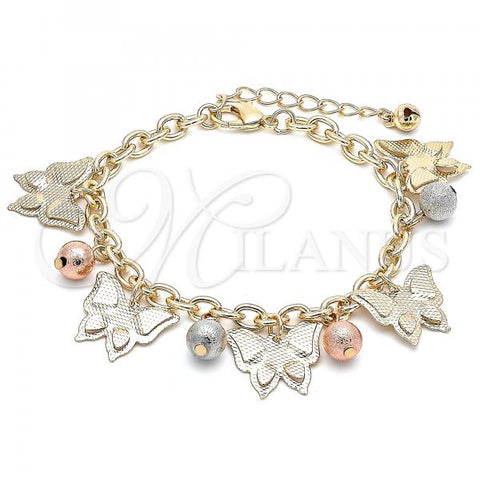 Oro Laminado Charm Bracelet, Gold Filled Style Butterfly and Ball Design, Diamond Cutting Finish, Tricolor, 03.331.0084.08