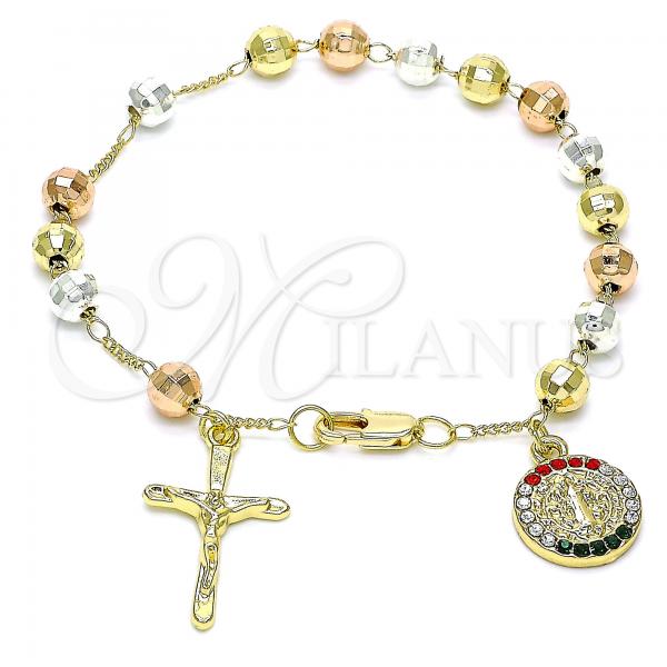 Oro Laminado Charm Bracelet, Gold Filled Style San Benito and Crucifix Design, with Multicolor Crystal, Diamond Cutting Finish, Tricolor, 03.380.0116.1.08