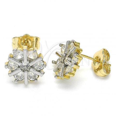 Oro Laminado Stud Earring, Gold Filled Style Flower Design, with White Cubic Zirconia, Polished, Two Tone, 02.210.0240
