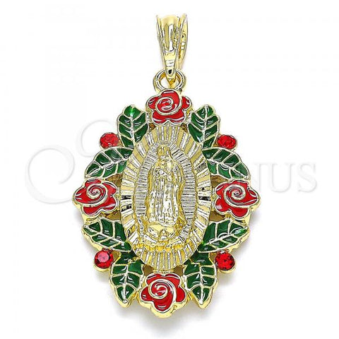 Oro Laminado Religious Pendant, Gold Filled Style Guadalupe and Flower Design, Multicolor Enamel Finish, Golden Finish, 05.380.0014