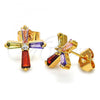 Oro Laminado Stud Earring, Gold Filled Style Cross Design, with Multicolor Cubic Zirconia, Polished, Golden Finish, 02.345.0011