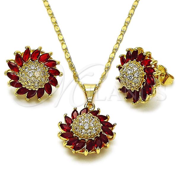 Oro Laminado Earring and Pendant Adult Set, Gold Filled Style Flower Design, with Garnet and White Cubic Zirconia, Polished, Golden Finish, 10.284.0048.2