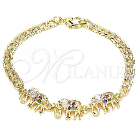 Oro Laminado Fancy Bracelet, Gold Filled Style Elephant Design, with Multicolor Cubic Zirconia, Polished, Golden Finish, 03.63.2138.3.07