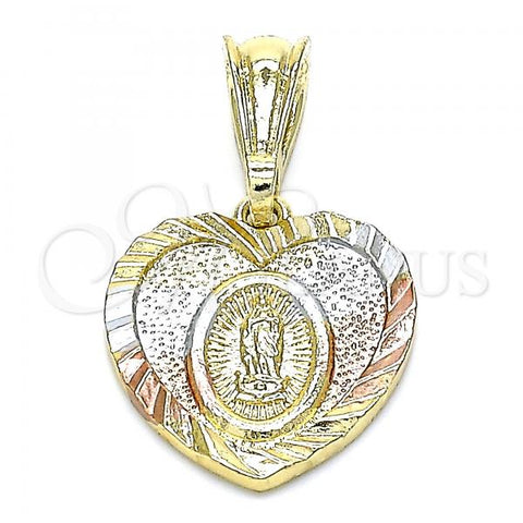 Oro Laminado Religious Pendant, Gold Filled Style Guadalupe and Heart Design, Polished, Tricolor, 05.351.0209