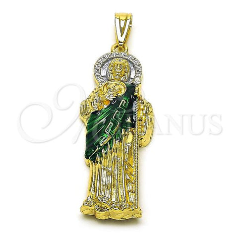 Oro Laminado Religious Pendant, Gold Filled Style San Judas and Greek Key Design, with White Crystal, Polished, Tricolor, 05.411.0067.1