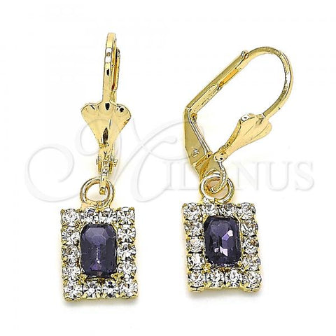 Oro Laminado Dangle Earring, Gold Filled Style with Amethyst and White Crystal, Polished, Golden Finish, 02.122.0117.7