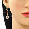 Oro Laminado Long Earring, Gold Filled Style Flower Design, with Garnet and White Cubic Zirconia, Polished, Golden Finish, 02.387.0055.1