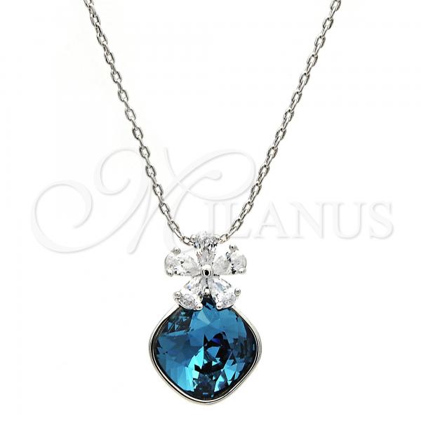 Rhodium Plated Pendant Necklace, Flower Design, with Indicolite Swarovski Crystals and White Micro Pave, Polished, Rhodium Finish, 04.239.0020.1.16