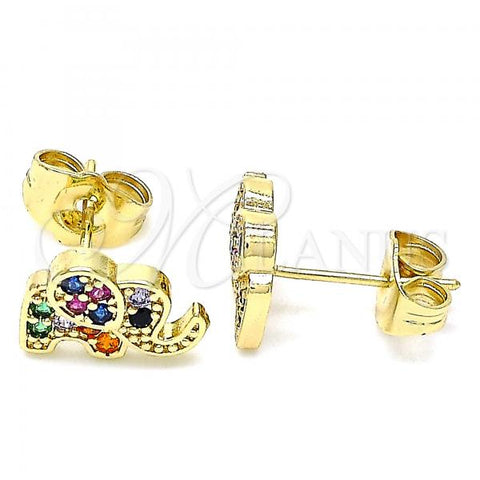 Oro Laminado Stud Earring, Gold Filled Style Elephant Design, with Multicolor Micro Pave, Polished, Golden Finish, 02.210.0402.1