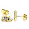 Oro Laminado Stud Earring, Gold Filled Style Elephant Design, with Multicolor Micro Pave, Polished, Golden Finish, 02.210.0402.1