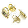 Oro Laminado Stud Earring, Gold Filled Style Lock Design, with Multicolor Micro Pave, Polished, Golden Finish, 02.210.0422.1
