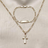 Oro Laminado Necklace and Bracelet, Gold Filled Style Cross and Figaro Design, Polished, Golden Finish, 06.63.0280