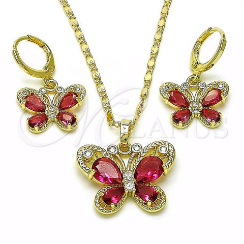 Oro Laminado Earring and Pendant Adult Set, Gold Filled Style Butterfly Design, with Ruby and White Cubic Zirconia, Polished, Golden Finish, 10.196.0134.1