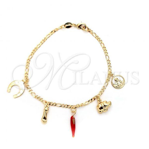 Oro Laminado Charm Bracelet, Gold Filled Style Hand and Angel Design, Red Enamel Finish, Golden Finish, 03.32.0184.07