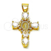 Oro Laminado Religious Pendant, Gold Filled Style Cross and Guadalupe Design, with White Cubic Zirconia, Polished, Golden Finish, 05.342.0228.2