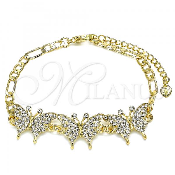 Oro Laminado Fancy Bracelet, Gold Filled Style Butterfly Design, with White Micro Pave, Polished, Golden Finish, 03.380.0031.08