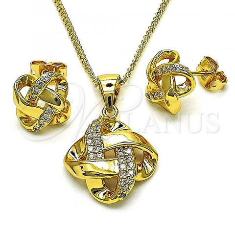 Oro Laminado Earring and Pendant Adult Set, Gold Filled Style Love Knot Design, with White Micro Pave, Polished, Golden Finish, 10.342.0088