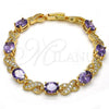 Oro Laminado Tennis Bracelet, Gold Filled Style Hugs and Kisses Design, with Amethyst and White Cubic Zirconia, Polished, Golden Finish, 03.206.0001.6.07