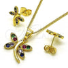 Oro Laminado Earring and Pendant Adult Set, Gold Filled Style Dragon-Fly Design, with Multicolor Cubic Zirconia, Polished, Golden Finish, 10.210.0166.1