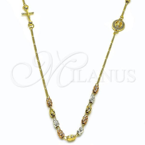 Oro Laminado Fancy Necklace, Gold Filled Style Guadalupe and Crucifix Design, with White Micro Pave, Diamond Cutting Finish, Tricolor, 04.253.0031.20