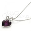 Rhodium Plated Pendant Necklace, Heart and Bow Design, with Amethyst Swarovski Crystals and White Micro Pave, Polished, Rhodium Finish, 04.239.0007.1.16