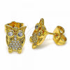 Oro Laminado Stud Earring, Gold Filled Style Owl Design, with White Cubic Zirconia, Polished, Golden Finish, 02.344.0036